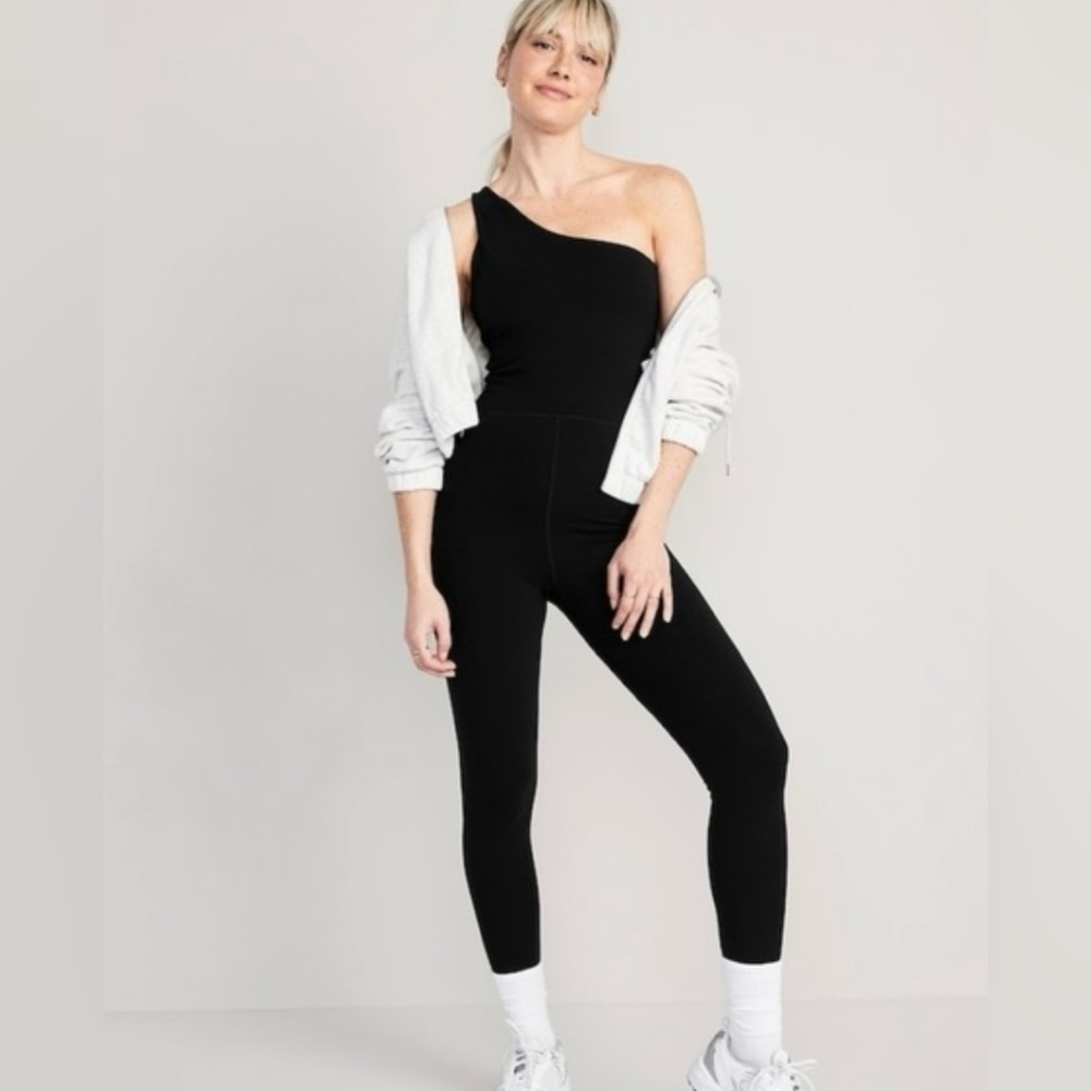 Old Navy Active Powerchill One Shoulder Body Suit Black Lined Shelf Bra Go-Dry S